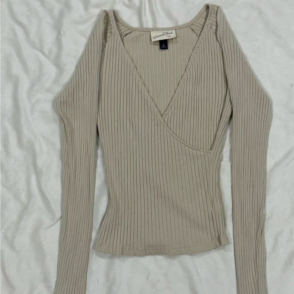 XS Tan Long Sleeve Crossover Shirt